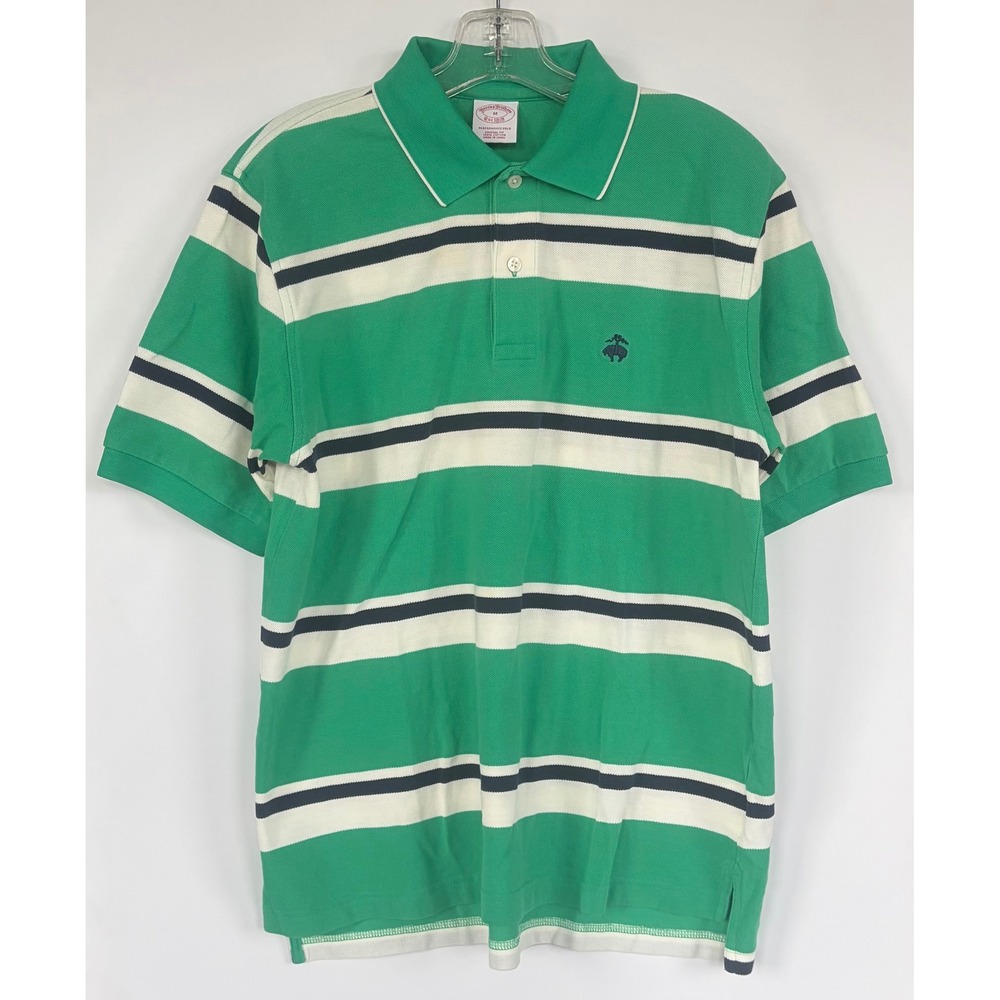 Brooks Brothers Men M Green White Striped Performance Polo Shirt Golf Casual